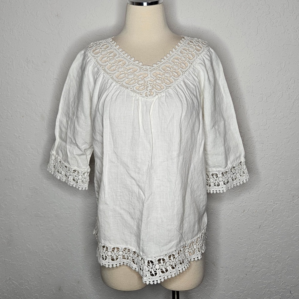 Elena Baldi Womens White 100% Linen Crochet Lace Peasant Blouse Made in Italy S